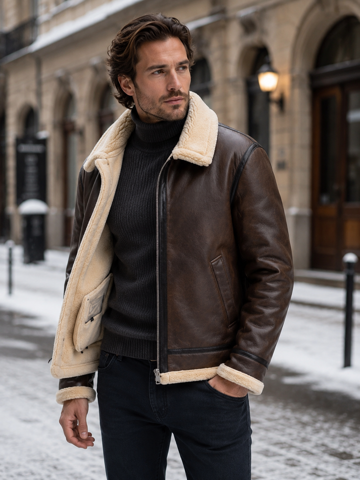 Men's Aviator Jacket Montarello Leather Look Lined with Sheepskin