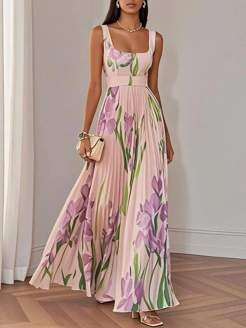 Long Pleated Mousseline Dress Timeless Elegance - Elena Harper
