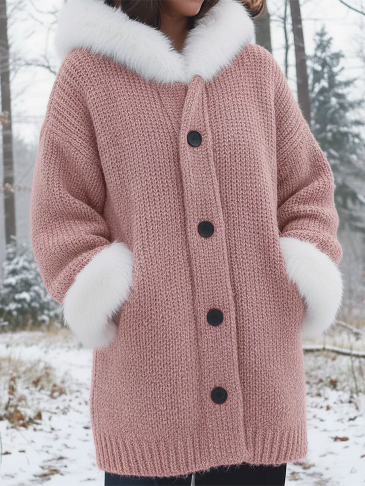 Nodia - Faux Fur Trim Knitted Hooded Coat