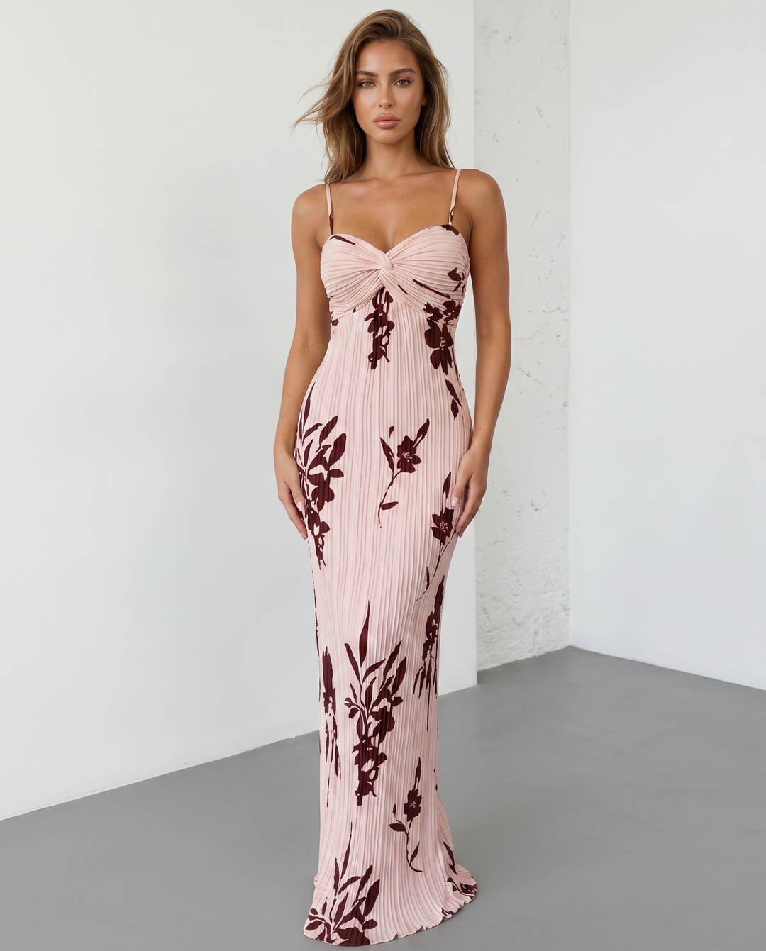 Maxi floral dress for women with twist bustier - Fluid and refined