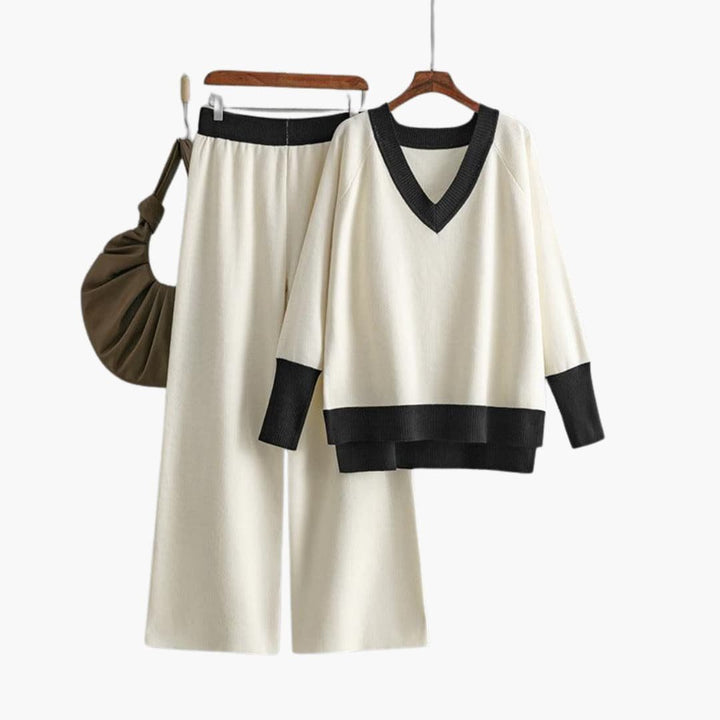 Nora | Modern V-Neck Knit Set with Wide Pants