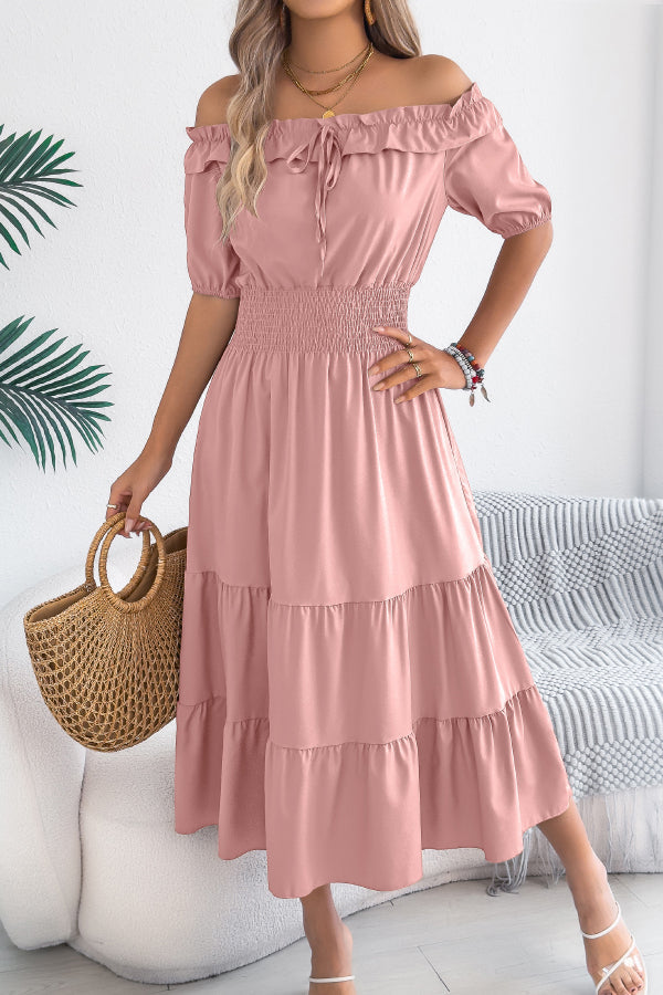 Stylish Off-shoulder Short-sleeved Pleated Waist Casual Midi Dress, view 3 - Elena Harper