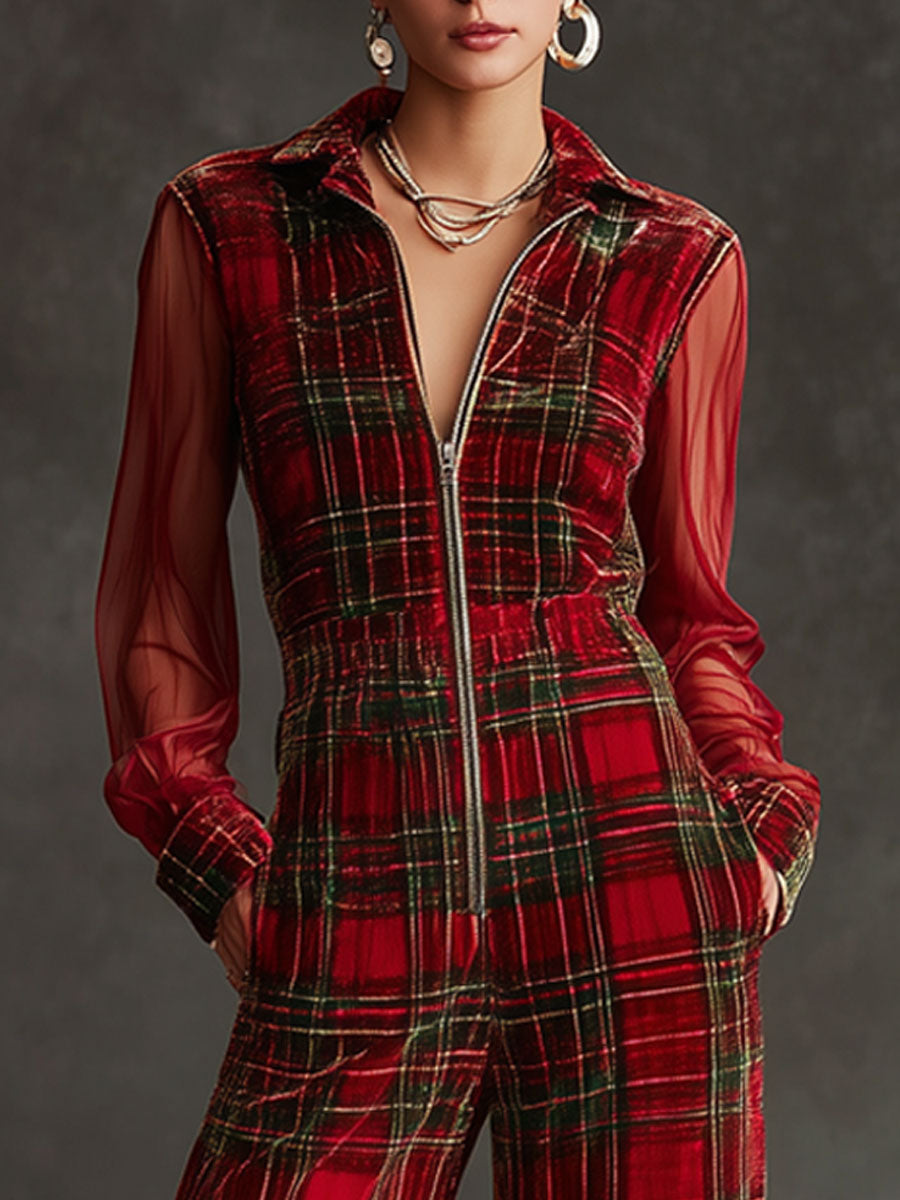Retro Long-sleeved Mesh Red And Green Plaid Velvet Wide-leg Jumpsuit, view 6 - Elena Harper