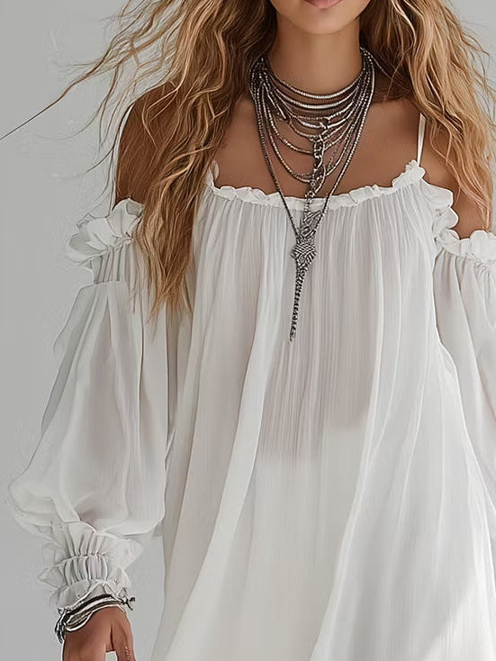 Flowing Bohemian Style Off The Shoulder Mini Dress - Elena Harper