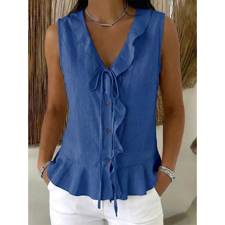 Brigela Airy Cotton Top with Tie and Ruffled Hem, view 2 - Elena Harper