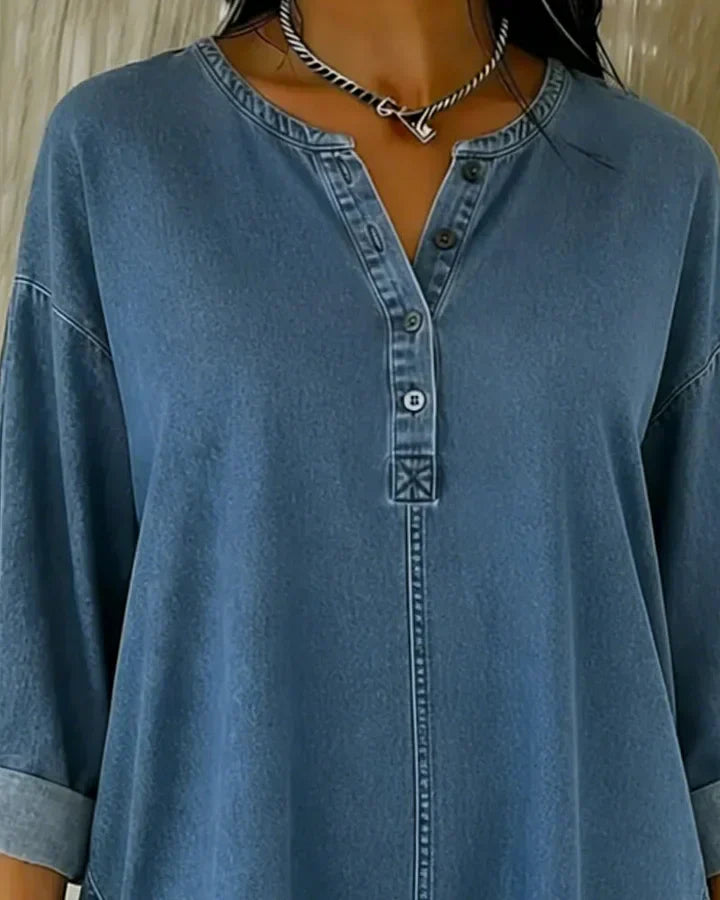 Yenara Denim Top with Button Placket and V-Neck, view 2 - Elena Harper