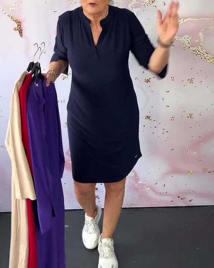 Olivia Comfortable Casual Dress with Solid V-neck - Elena Harper
