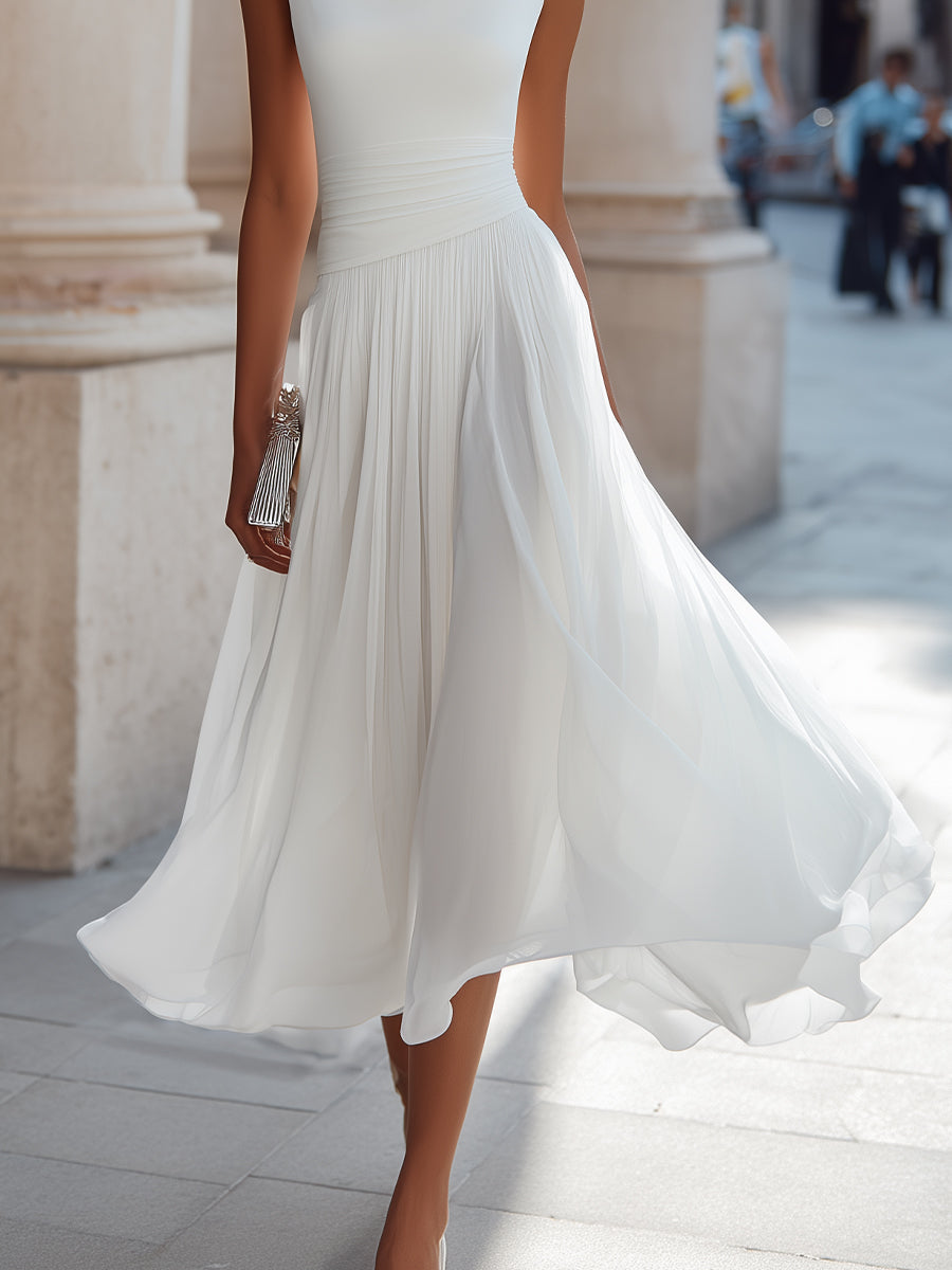 Draped Neck Sleeveless Pleated Midi Dress - Elena Harper