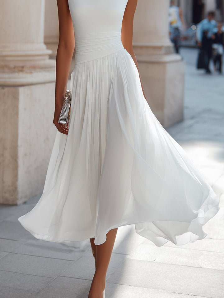 Draped Neck Sleeveless Pleated Midi Dress - Elena Harper