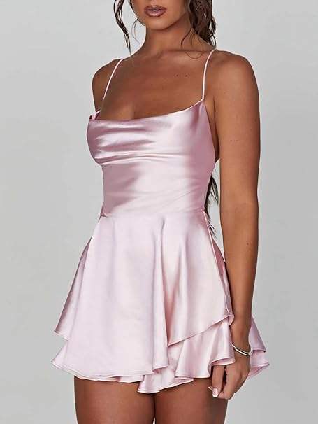 Mini Dress Chic Satin Slim Straps, Elegant Neckline Ideal for Festive Occasions, view 2 - Elena Harper