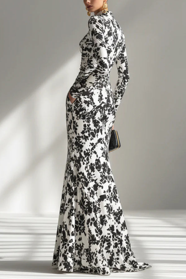 Black and White Color-blocked Printed Long-sleeved Pocket Slim-fit Pleated Maxi Dress, view 3 - Elena Harper
