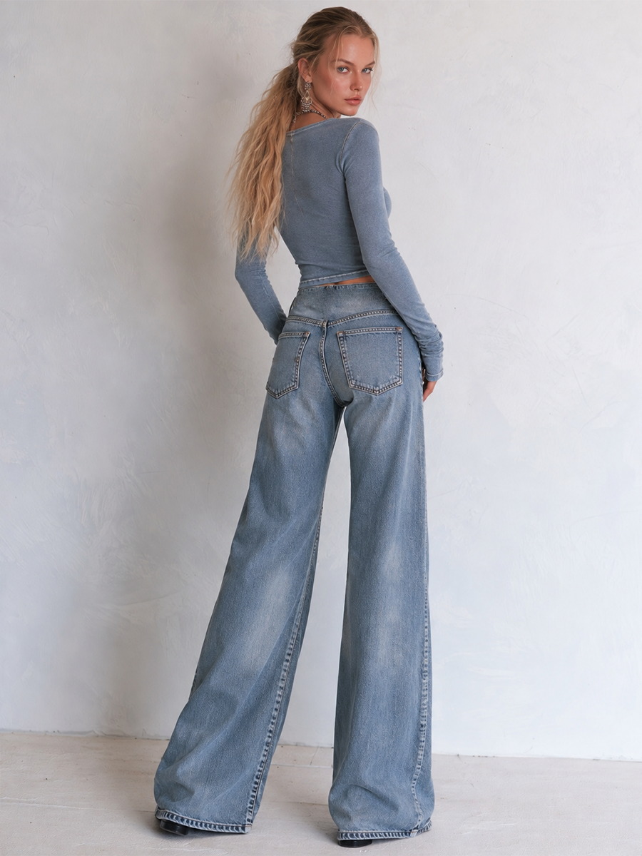 Casual Ribbon-detail Button-fly Blue Straight-leg Jeans, view 4 - Elena Harper