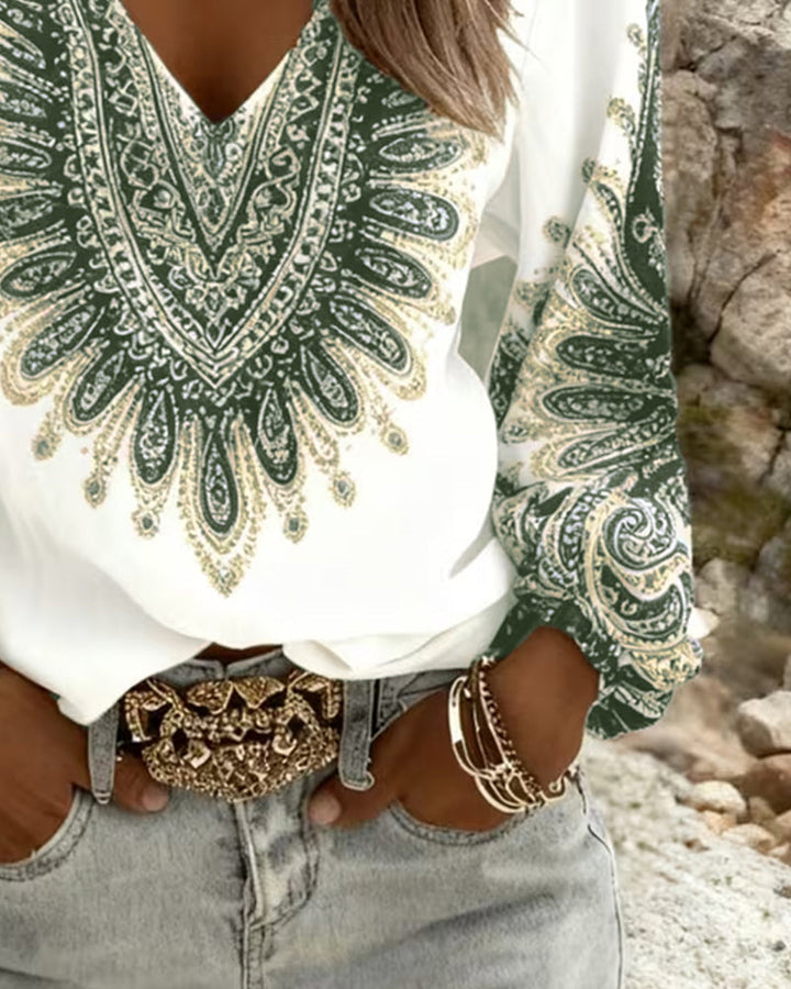 Karen Top with V-Neck and Retro Print - Elena Harper