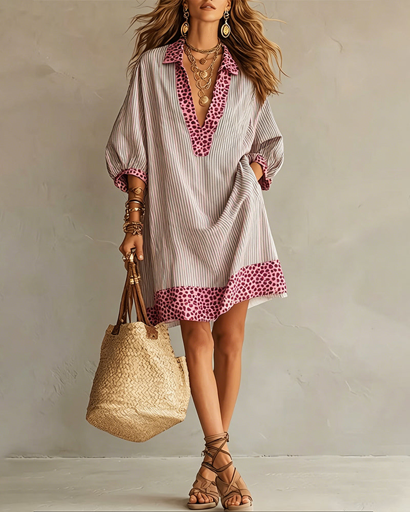 Panel dress with leopard print and puff sleeves, striped shirt