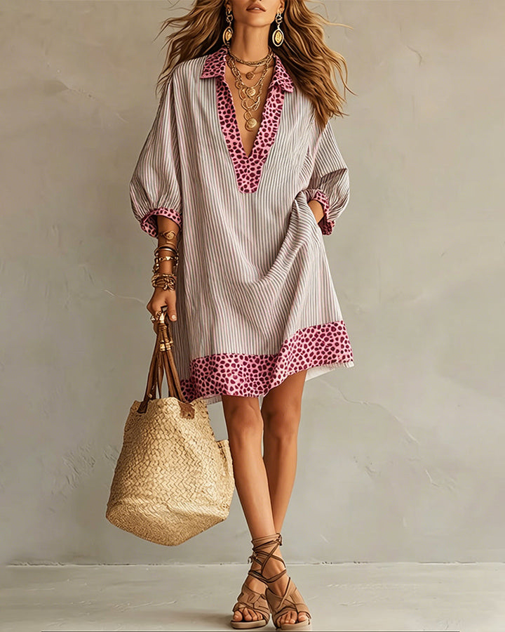 Panel dress with leopard print and puff sleeves, striped shirt