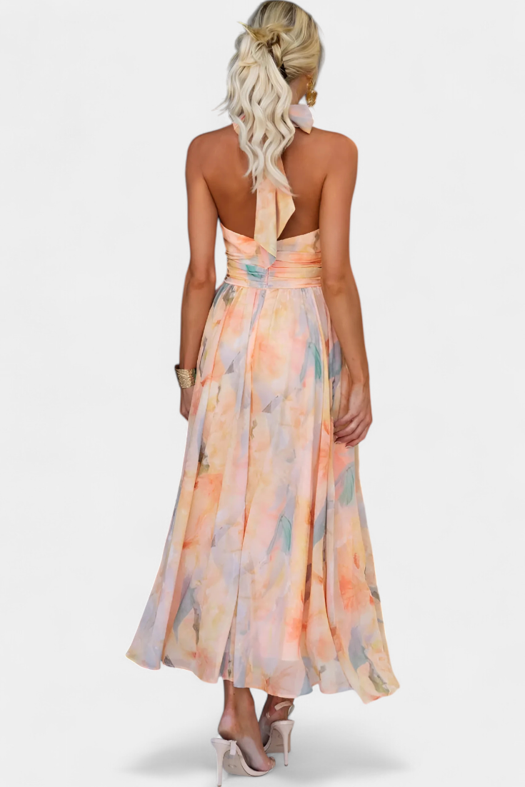 Alaia Dress with Watercolor Print and Halter Neck - Elena Harper