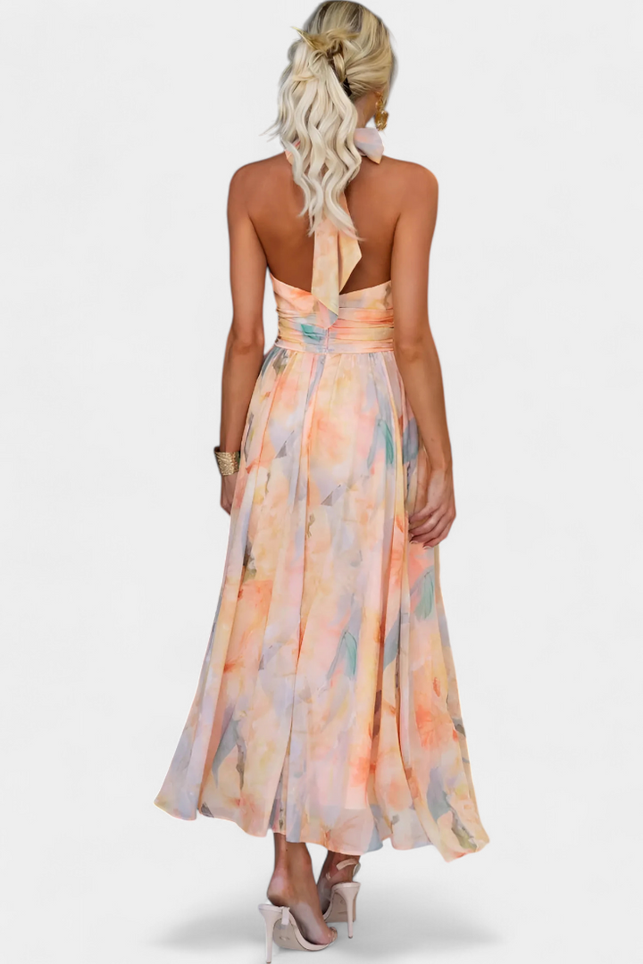 Alaia Dress with Watercolor Print and Halter Neck - Elena Harper