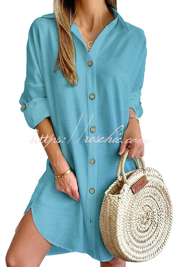 Solid Color Casual Button-Down Shirt Style Mini Dress, view 3 - Elena Harper