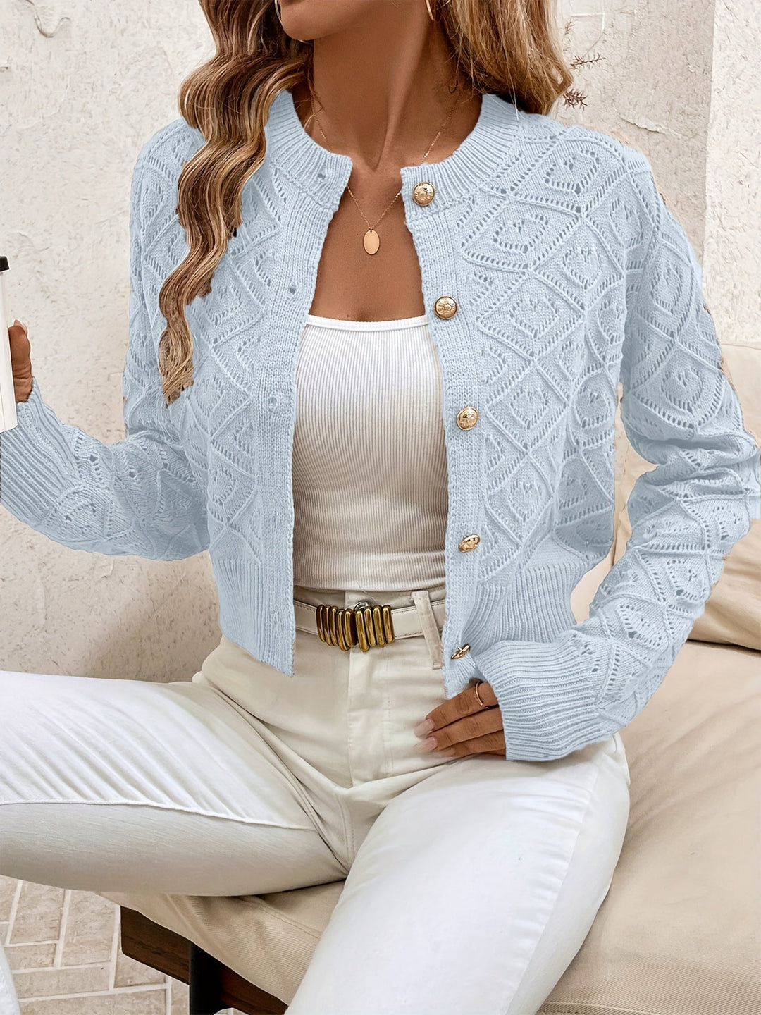Women's Buttoned Openwork Cardigan - Elegant and Lightweight