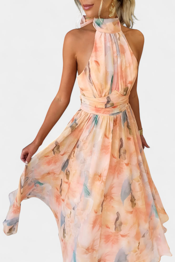 Alaia Dress with Watercolor Print and Halter Neck - Elena Harper