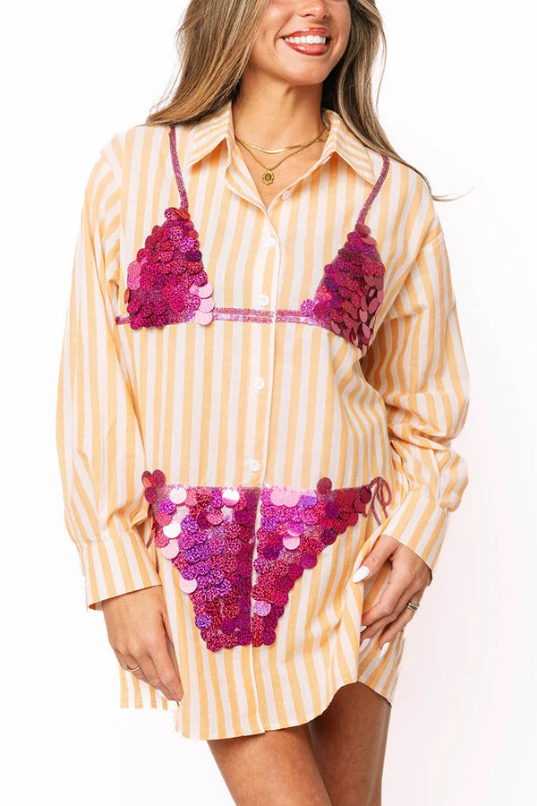Vacation Vibe Gold Sequin Long-sleeved Bikini Pattern Blue & White Stripe Button Up Pocket Tunic (Shipped Within 24 Hours)