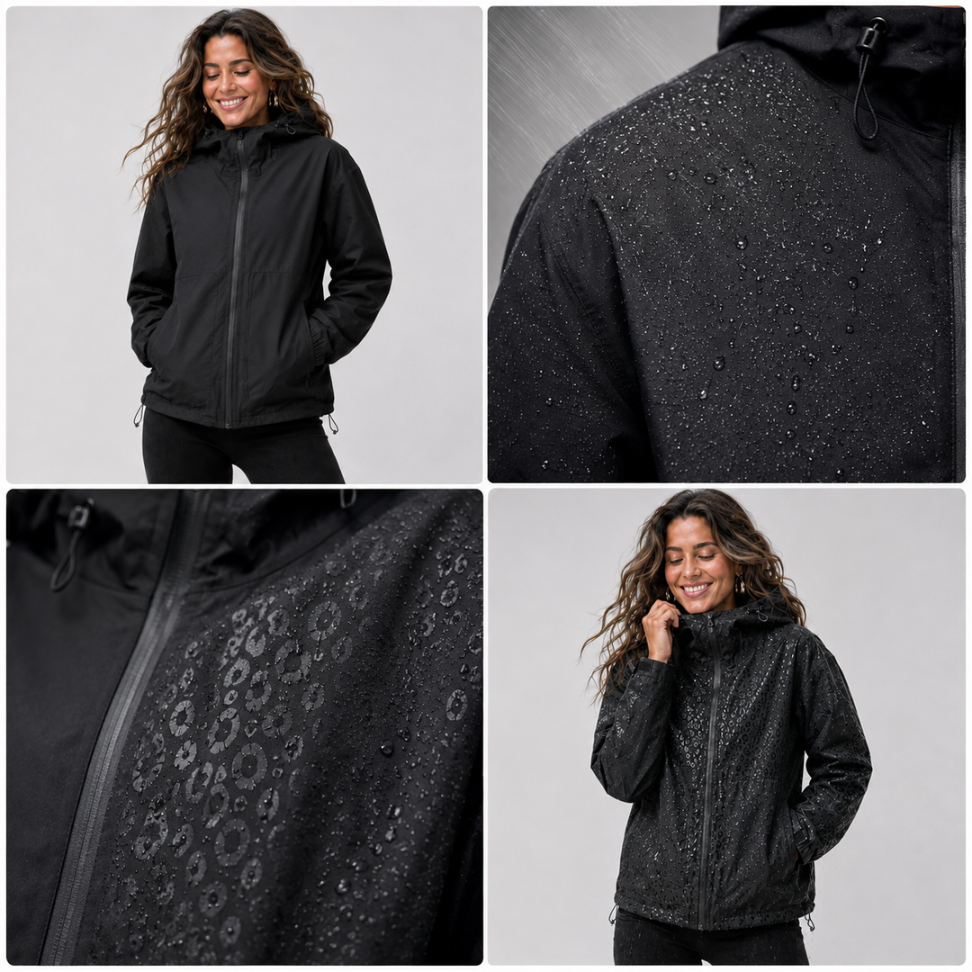 Ladies Waterproof Rain Jacket with Hood and Hidden Print, view 5 - Elena Harper
