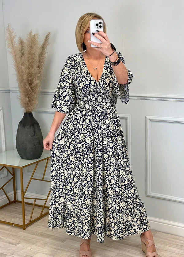 Avery Lightweight Ruffled Dress in Vintage Look, view 9 - Elena Harper