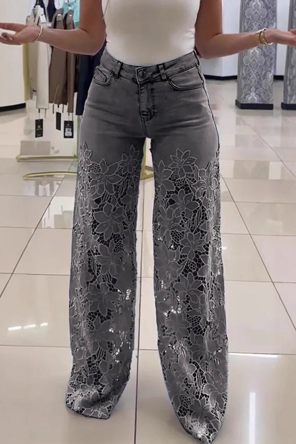Fashion Hollow Lace Stitching Casual Pocket Denim Wide-leg Pants, view 5 - Elena Harper