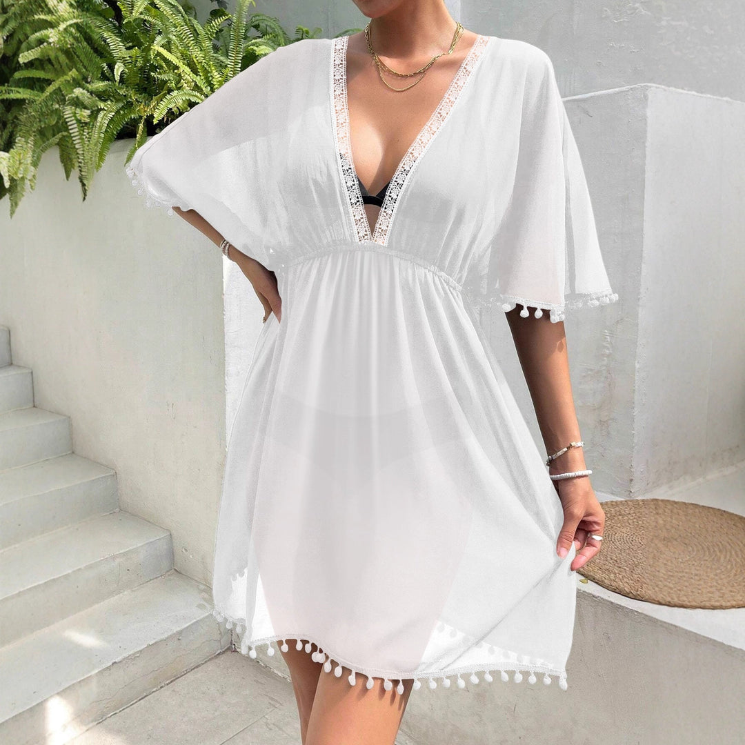 Women's Beach Style Dress with Lace Patchwork V-Neck Swimsuit Cover-Up with Fitted Waist, view 4 - Elena Harper