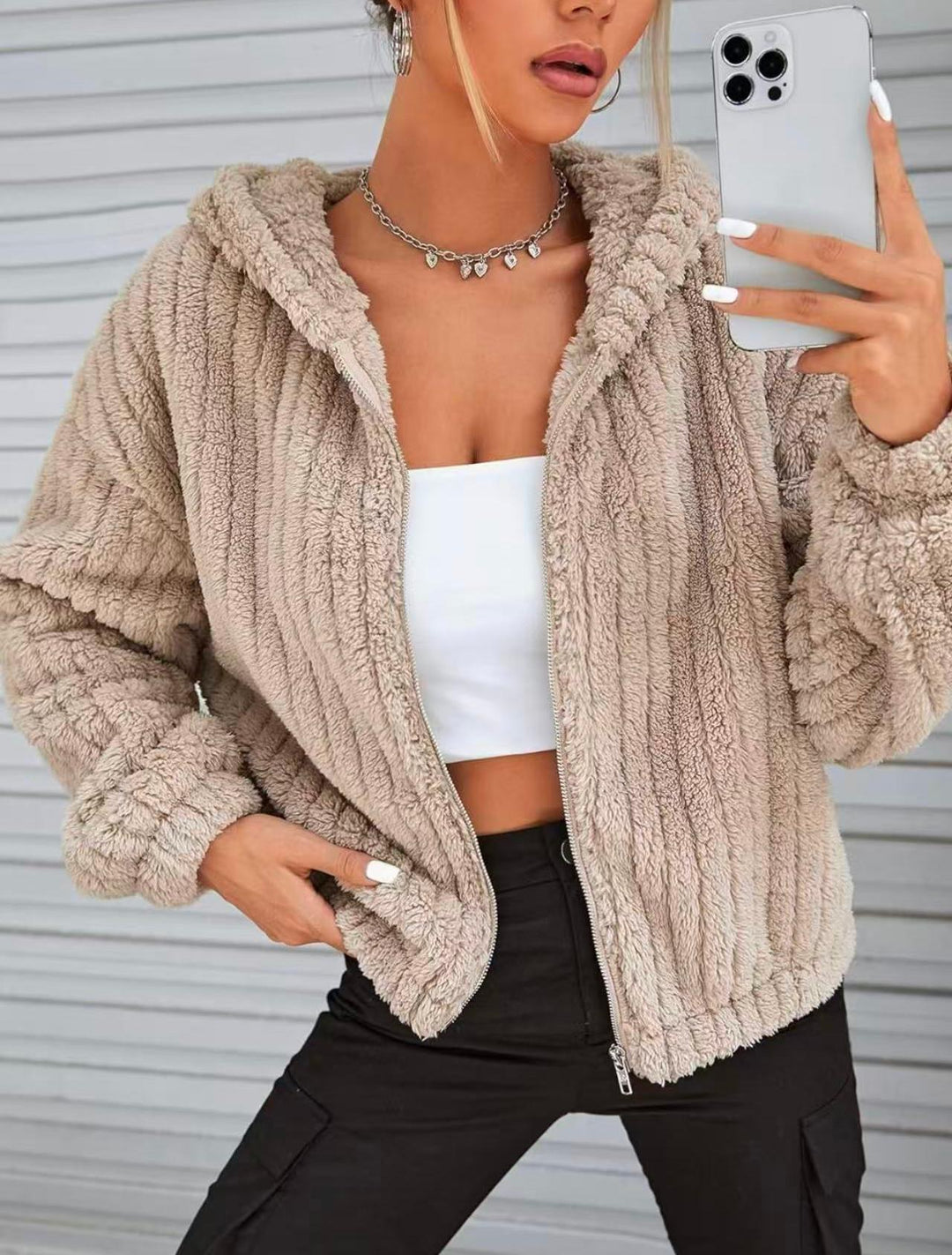 Women's Plush Cardigan with Zip and Hood - Warm and Cozy