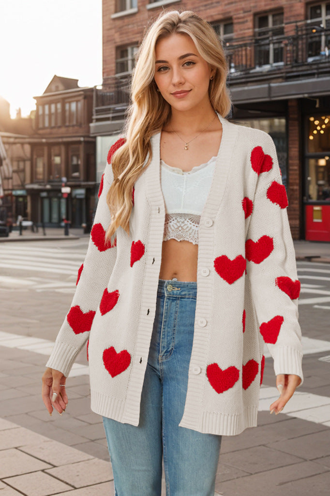 Knit Cardigan with Heart Print - Ailith