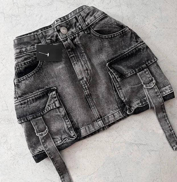 Women's Multi-Pocket Denim A-Line Mini Skirt
