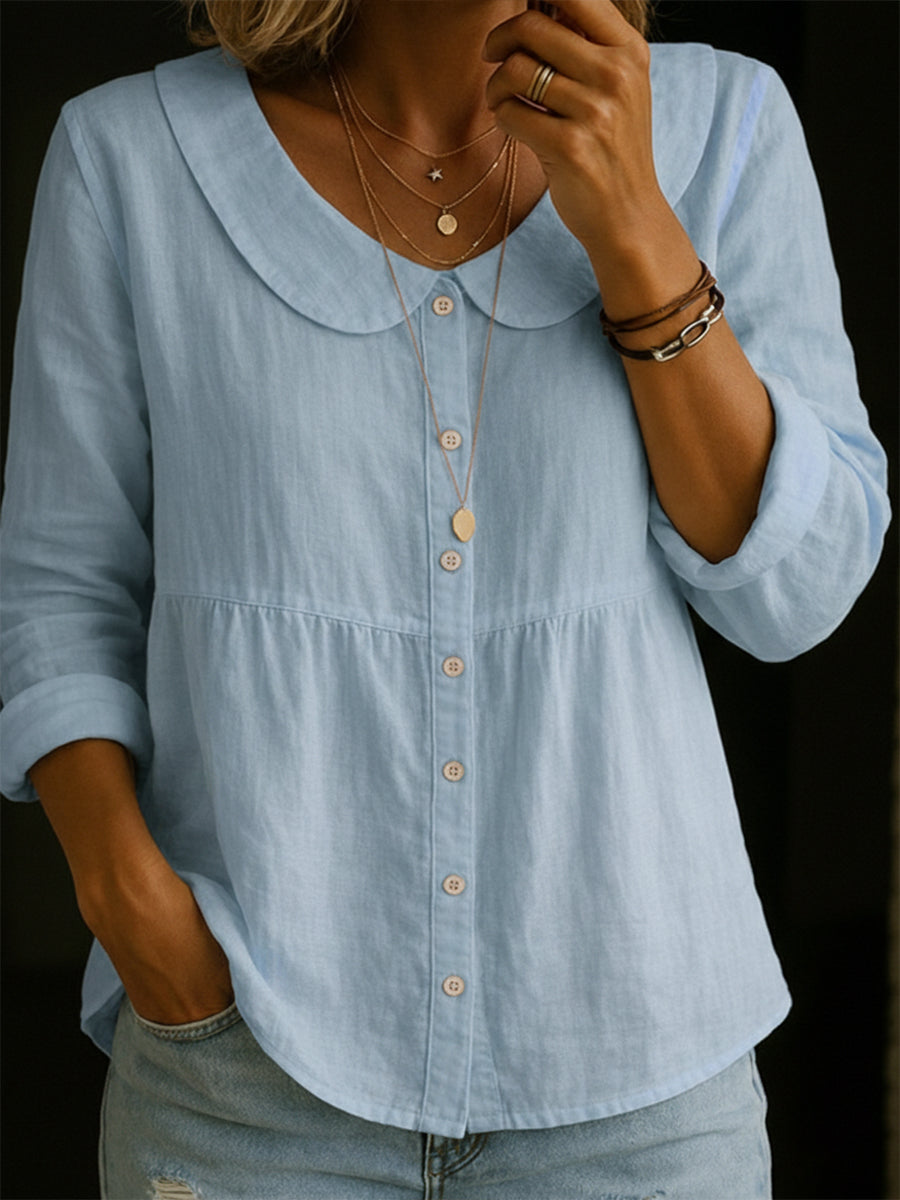 Linen Blouse with Button Closure and Notched Collar for Women