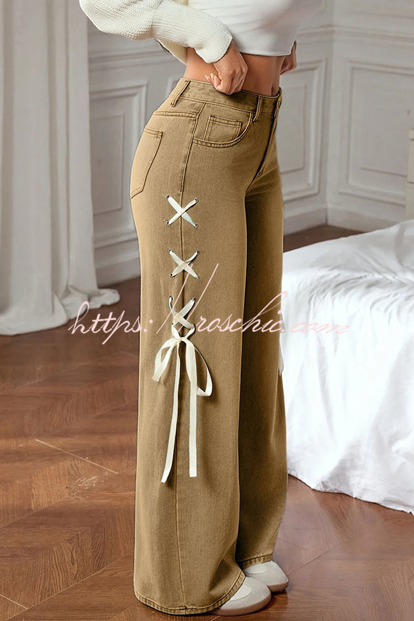 Fashionable Denim Mid Rise Side Ribbon Lace-up Pocket Wide Leg Jeans
