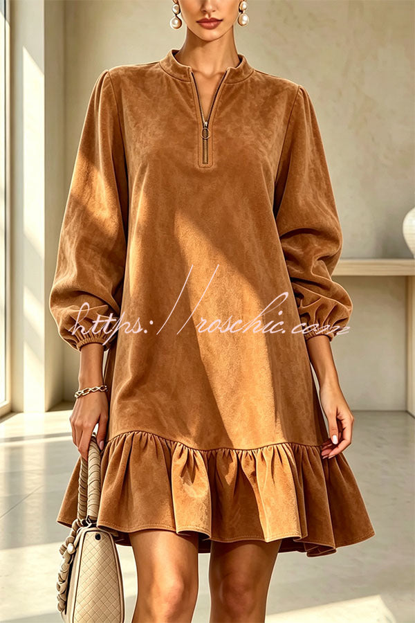 Suede Zipper Neck Long Balloon Sleeve Ruffle Hem Mini Dress