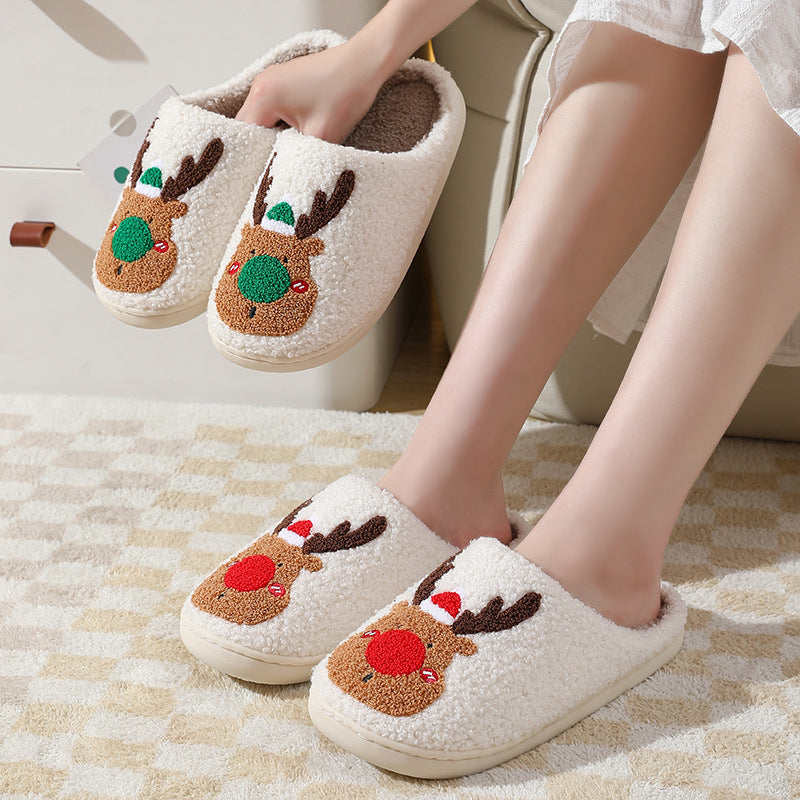 Reindeer Cheer | Cream Reindeer Print Christmas Slippers For Women