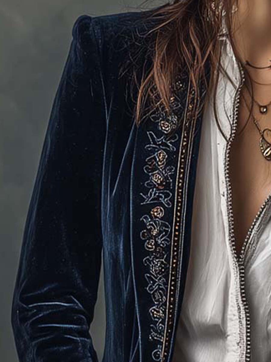 Cleo - Women's Vintage Navy Embroidered Longline Jacket