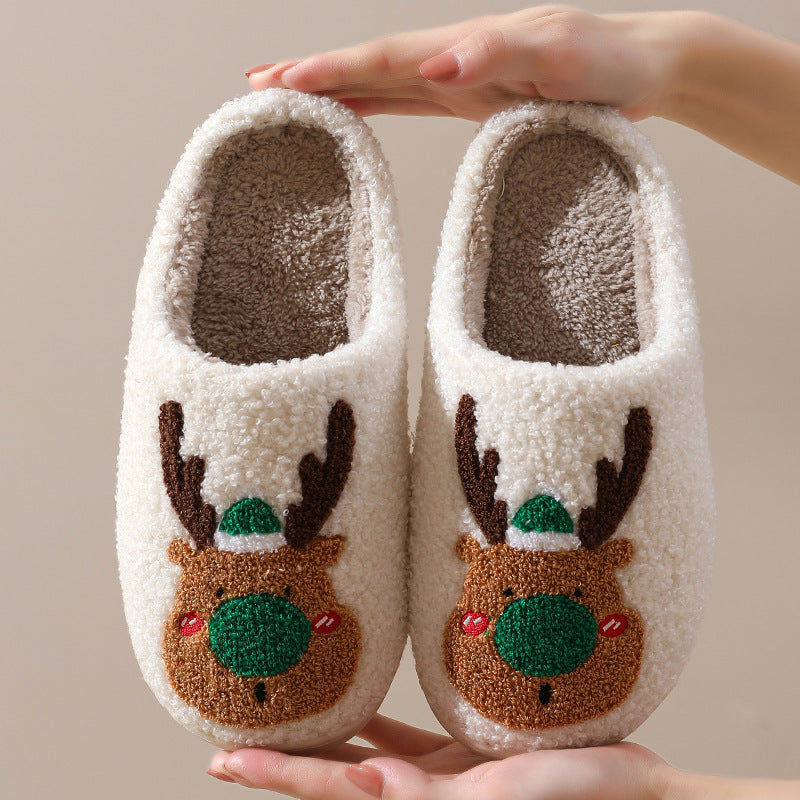 Reindeer Cheer | Cream Reindeer Print Christmas Slippers For Women