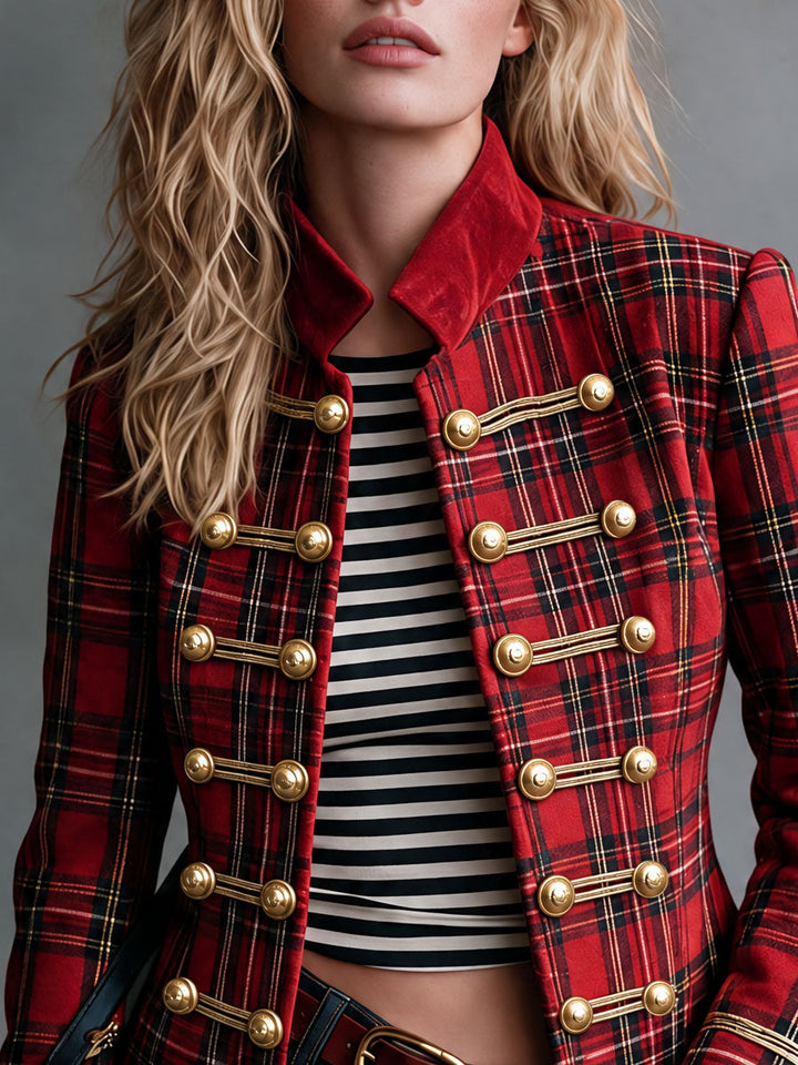Retro Red Plaid Frog Button Velvet Collar Jacket