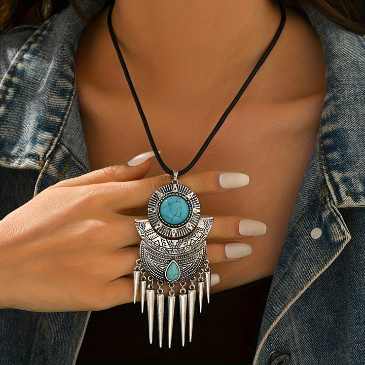 Bohemian Spike Tassel Design Turquoise Pendant Necklace - Elena Harper