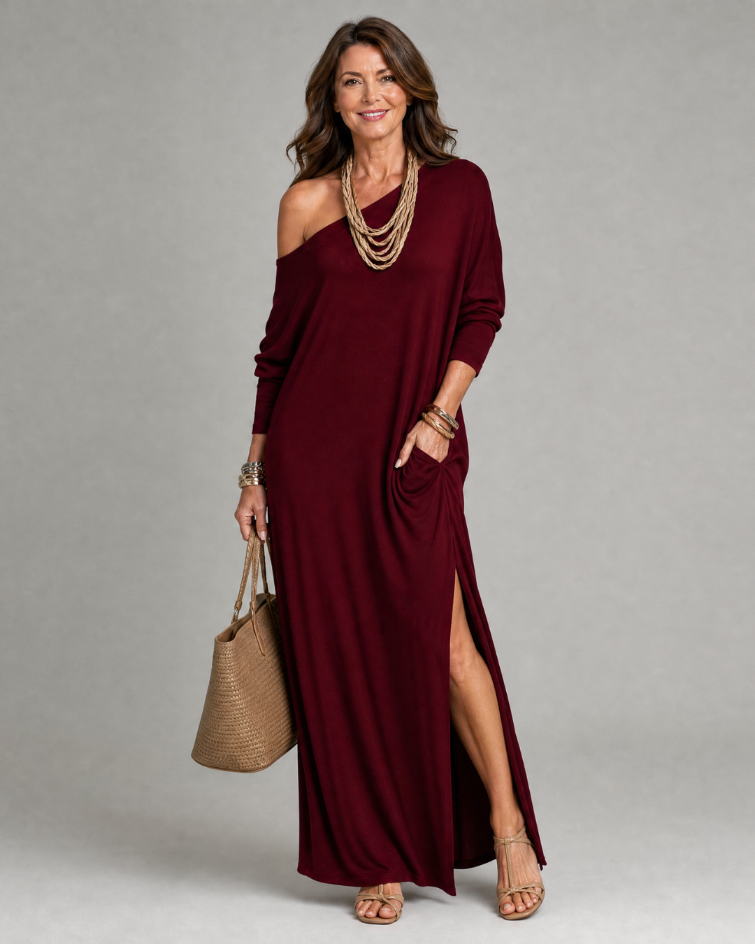 Asterelle One Shoulder Side Slit Flowing Midi Dress - Elena Harper