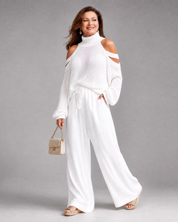 Elamen Cold Shoulder Knit Sweater Wide Leg Pants Set - Elena Harper