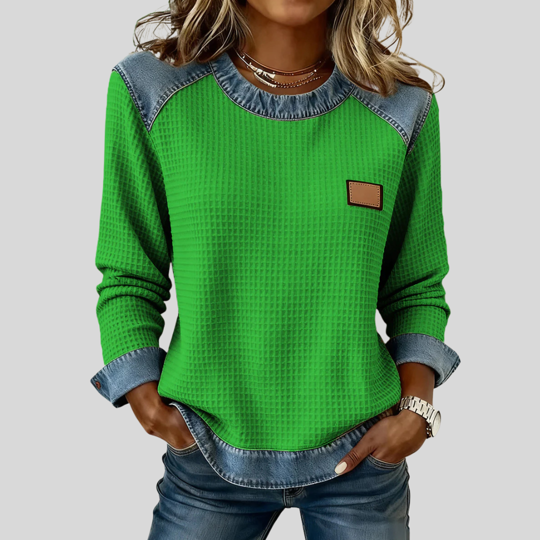 Delancine Patchwork Design Waffle Sweatshirt - Elena Harper