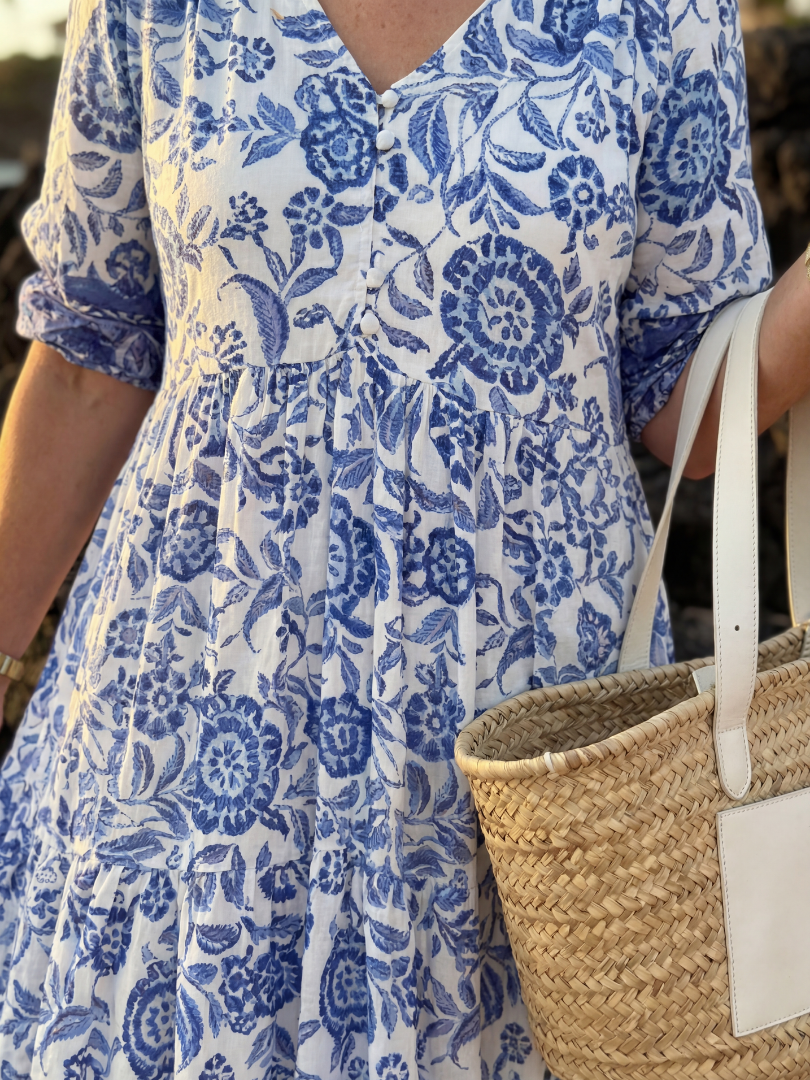 Women's Floral Midi Dress - Elegant V-Neck & Elbow Sleeves