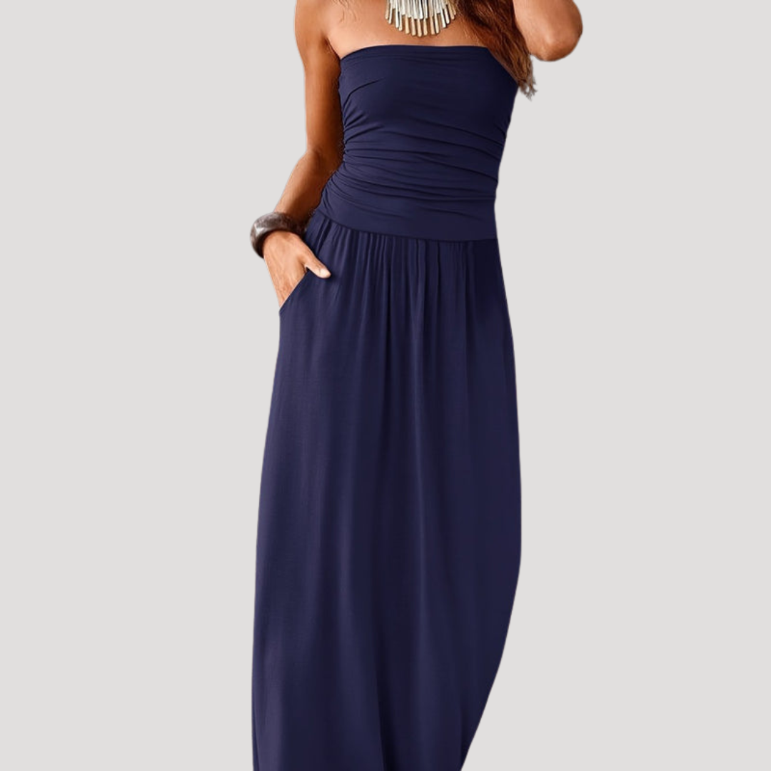 Long Strapless Gathered Dress for Women