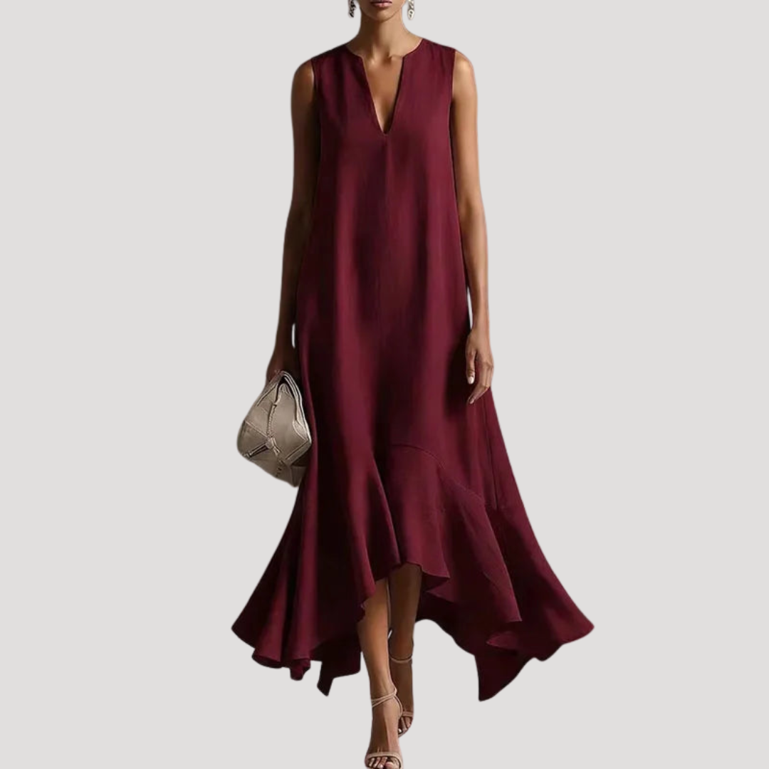 Elegant Long Women's Dress with Asymmetrical Ruffles