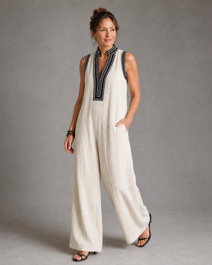Velmira Embroidered V Neck Sleeveless Wide Leg Jumpsuit - Elena Harper