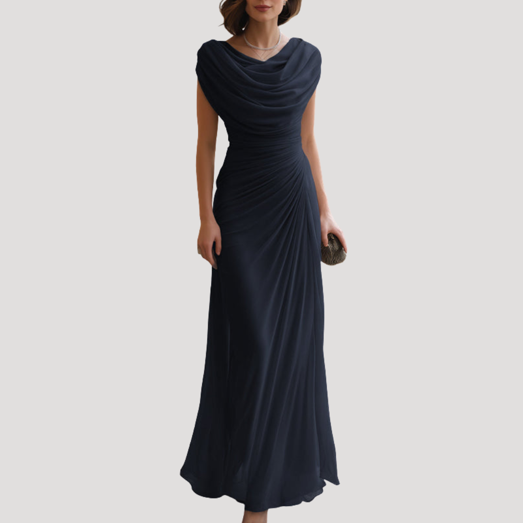 Elegant Draped Long Dress with Cowl Neck
