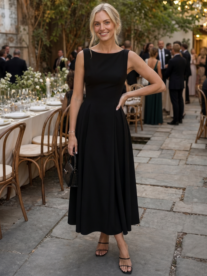 Corane Sleeveless Crew Neck Fitted Bodice Midi Dress - Elena Harper