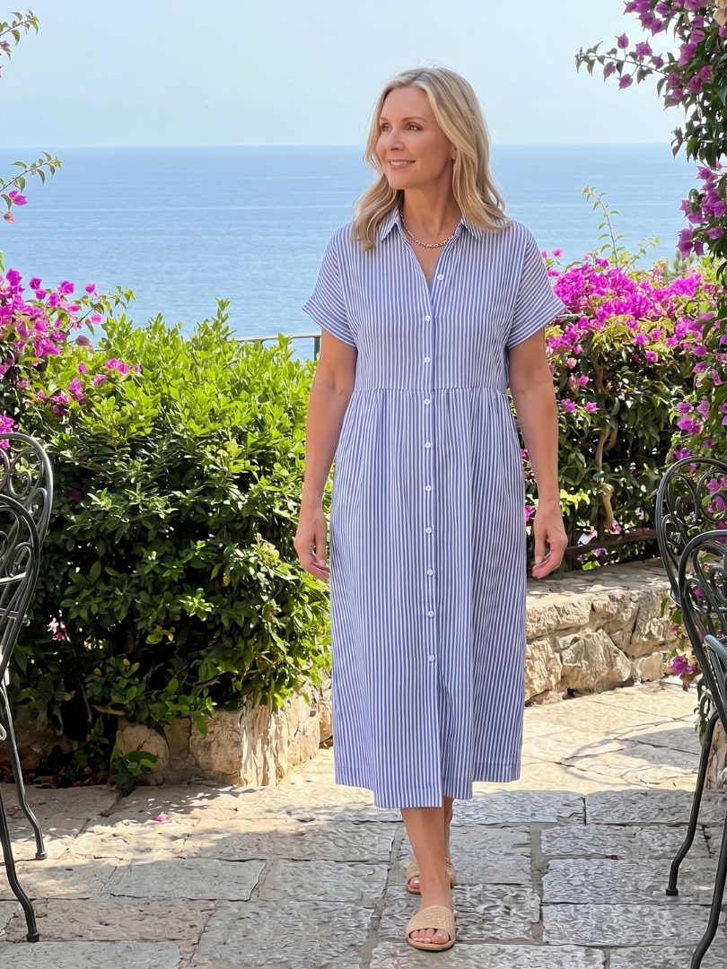 Women's Striped Short Sleeve Button-Front Midi Dress